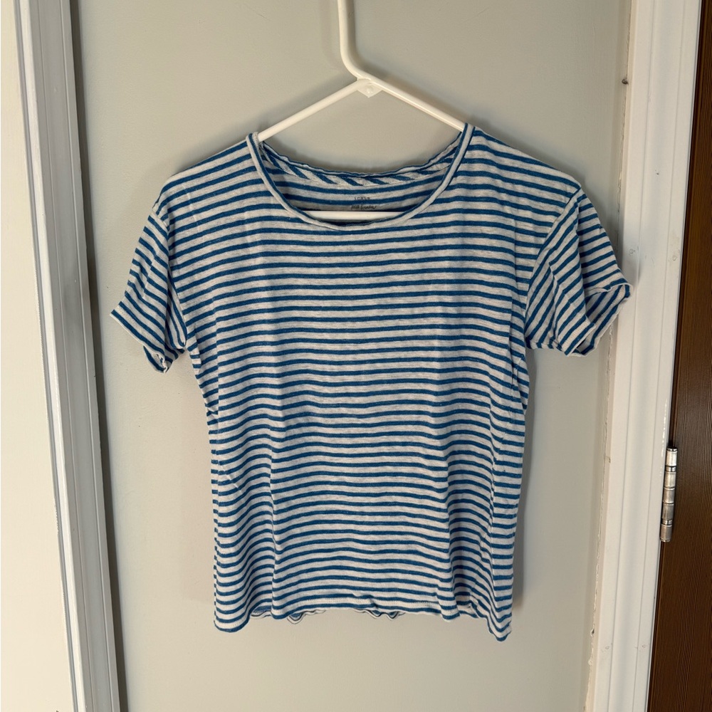 J. Crew Blue and White Striped 100% Linen Top